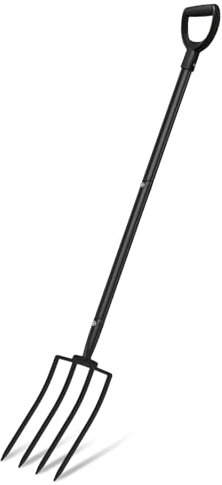 MANXRKUI Forca da giardino, 4 denti, resistente, con manico in metallo, forcella da giardinaggio da 114 cm, forca da scavo in acciaio forgiato per compostaggio, trapianto, aerazione