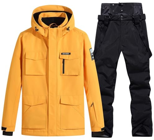 HOUZONIY Herren Skianzug Schneeanzug Atmungsaktiv Winddichte Schneehose Schneejacke mit Abnehmbare Kapuzen zum Skifahren Snowboarden Skisuit(Gelb+Schwarz 2XL)