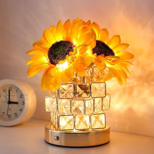 JHXLAMP Lampada touch a forma di fiore di girasole, lampada da tavolo senza fili ricaricabile, 3 colori, dimmerabile,regalo per la mamma per San Valentino, festa della mamma (Yellow Sunflowers-MF)