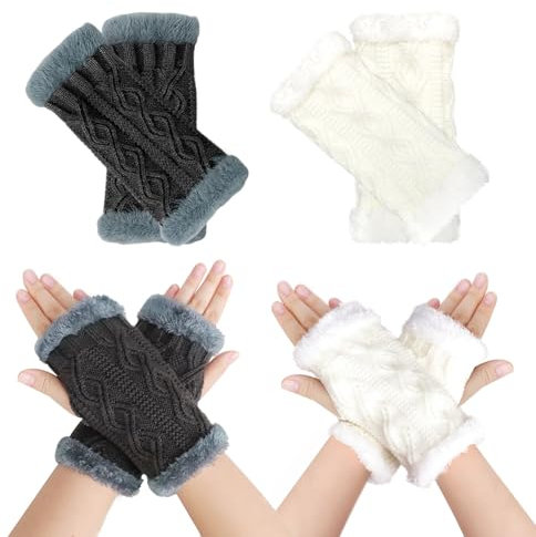 GOZINA 2 Paar Fingerlose Handschuhe Damen, Pulswärmer Damen, Armstulpen Damen Winter, Klassische Strick Halb Handschuhe Armstulpen für Damen und Mädchen