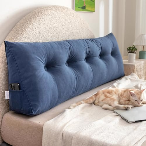 Almohada de cabecera suave para apoyo lumbar de espalda, pierna, almohada triangular para cama, sofá, almohada de cuña suave y cómoda, soporte de posicionamiento del respaldo (145 x 55 x 15 cm, azul)