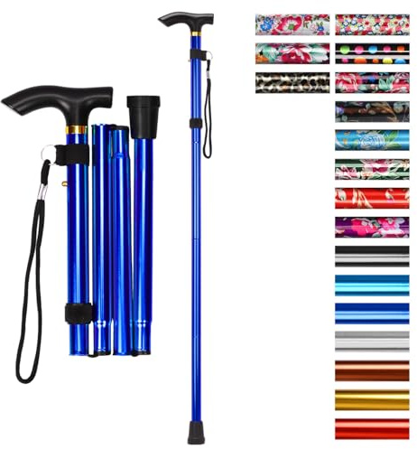 supregear Canne Pliante, Hauteur Réglable à 5 Niveaux Canne de Marche Légère Portable Bâtons de Voyage avec Dragonne et Poignée en T pour Personnes Âgées Handicapées Hommes Femmes, Bleu Foncé