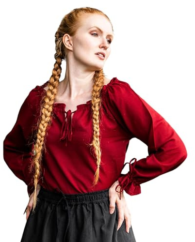 Leonardo Carbone® Damblus medeltida blus Edith | öppen axel | volangärmar | karneval, halloween, cosplay, LARP, kostym, medeltid, festliga kläder | 100 % bomull, röd, XXL