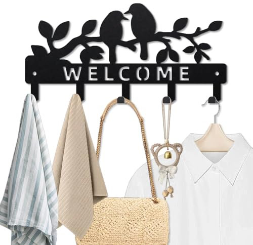 MAYJOYDIY Porte Clef Mural en Métal avec Branche D'Arbre Oiseau Porte Manteau Mural avec Welcome 25×12cm Plante Feuillue Oiseau Porte Clés avec 5 crochets Pour Entrée Porte D'entrée Couloir Cuisine