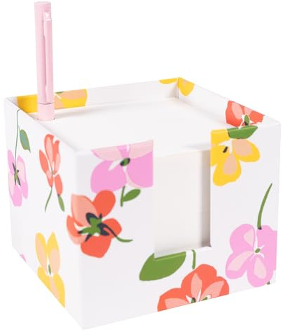 kate spade new york Note Cube with Pen, Spring Pansies | Cute, Floral, Paper Holder for Desk with 400 Blank Memo Sheets and Black Ink Pen