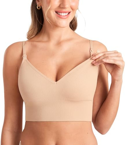 MOMANDA Ribbed Longline Nursing Bras | Materntiy Sleep Bralettes, V neck, For Breastfeeding, Comfort, Wireless, For Women