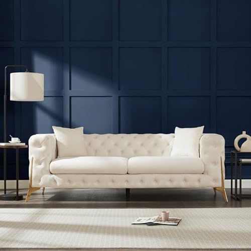 Snooze Luxury Plush Chesterfield Sofas and Couches - 3+2 Seater Sofa set, Arm chair – Tufted Cushions with Sturdy and Durable Gold Legs (Cream Plush, 3 Seater)