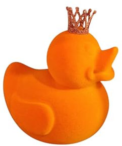 Deko-Ente in Orange mit Glitzerkrone - Beflockte Dekofigur aus Kunststoff, 19 x 15 x 21 cm - Stilvolle Osterdeko oder Frühlingsdeko für Regal, Fensterbank, Kommode oder Eingangsbereich
