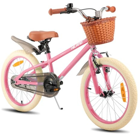 HILAND Spark Girls Bike 14 16 18 Inch, Kids Bicycle with Basket, Hand Brake & Coaster Brake, Girls Bike for 3-9 Years, Green/Pink