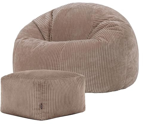 Icon Kingston Sitzsack mit Hocker Cord, Mokkabraun, Sitzsack Erwachsene mit Füllung, Bean Bag, Cord Sessel, Lounge Sessel, Lounge Stuhl, Schlafzimmer, Wohnzimmer, Wohnzimmer Möbel