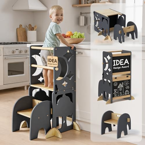 COSYLAND Tour d’Observation Enfant,Tour d’Observation Montessori 3 en 1, Tour d’Apprentissage Enfant Pliable avec Tableau, Tour Observation bébé pour Cuisine, Table et Salle de Bain – Gris & Naturel