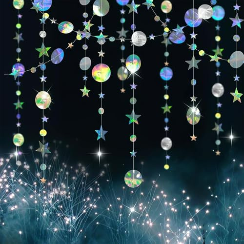 4 PCS Guirnalda de Papel Brillante, 4 m Guirnalda de Papel Colgante Holográfica, con Círculos y Estrellas, Decoración para Fiestas, Cumpleaños, Bodas, San Valentín, Graduación