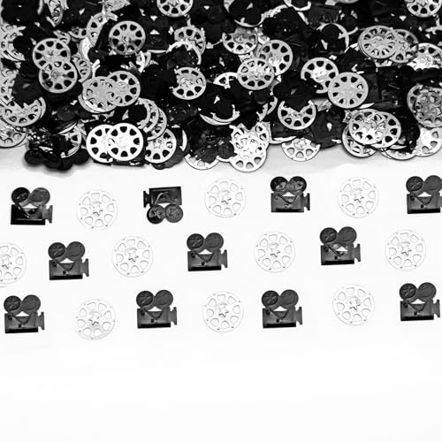 Amrzsallez Movie Night Party Confetti Film Reel & Camera Foil Table Scatter Decorations Black and Silver Movie Theme Decor for Hollywood Awards Cinema Birthday Oscars Party Supplies