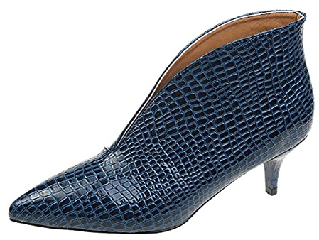 Kvinnors ankelstövlar patentläder delat mönster slip-on spetsig tå retro låg kattunge häl andas lätta läderstövlar bekväma tjocka klacksandaler slip-on ankelstövel, Z01 Blå, 38 EU