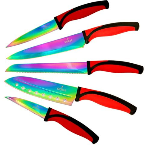SiliSlick Ensemble de Couteaux de Cuisine Colorés avec Revêtement en Titane - Ensemble de couteaux en acier Inoxydable avec Couteau Utilitaire de Cuisine, Santoku, Pain, Chef et Couteaux Paring