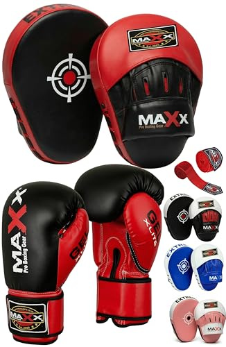 Maxx Boxing Gloves & Leather Curved Focus Pads Set with Free Hand Wraps – MMA, Muay Thai, Kickboxing Training Gear – Punching Mitts & Sparring Gloves – Multi Colors
