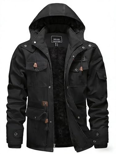 KEFITEVD Fleecejacke Herren Gefüttert Kapuze Militär Cargo Jacke Dick Windbreaker Kapuzenjacke Freizeit Outdoor Mantel Schwarz L
