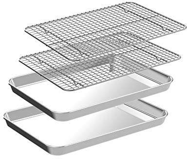 Small Baking Sheet with Rack Set [2 Cookie Sheets + 2 Baking Racks], CEKEE Stainless Steel Small Baking Pan and Grill Rack - Rust & Warp Resistant & Nonstick, Size 9.33 x 6.96 x 1 Inch