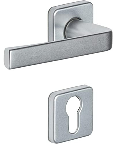 Vachette Set de Poignée de Porte sur Rosaces Clé I KAZA - pour Porte d'Entrée, Cave, Bureau et Abris de Jardin à Cylindre - Matériau Aluminium Résistant - Garantie 10 Ans - Finition Argent
