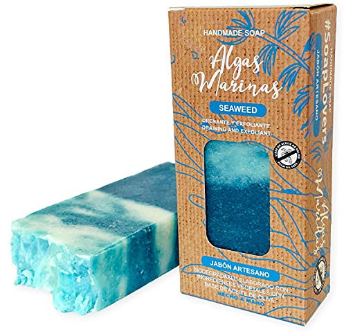 Jabón Natural de Algas Marinas - Jabon de Manos, Cuerpo, y Cara Exfoliante y Drenante, Pastilla Sólida Ecológica y Artesanal, Fabricado en España, Vegano y Sin Aceite de Palma (100 g)