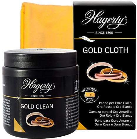 Hagerty Gold Clean BAÑO PARA ORO 170ml, Limpieza por inmersión eficaz para joyas de oro amarillo blanco rosa y rojo + Hagerty Gold Cloth Paño de limpieza de oro 36x30cm, limpia oro de algodón