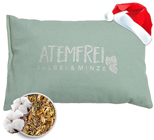 Herbalind Kräuterkissen Atemfrei Deko Kissen Grün mit Füllung - Erkältungskissen Salbei Minze ohne Chemie - Bezug 100% Baumwolle 30x20 cm, als Hausmittel bei Erkältung, Duftkissen