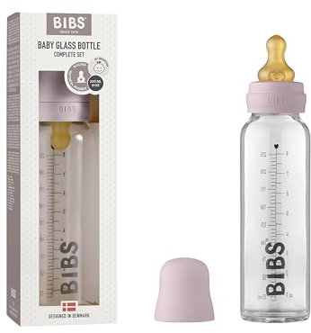 BIBS Baby Glass Bottle. Anti-Colic. Round Natural Rubber Latex Teat. Supports Natural Breastfeeding, 225 ml, Dusky Lilac