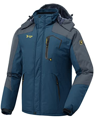donhobo Herren Winter Fleecejacke Warme Gefüttert Skijacke Outdoor Wandern Camping Winddicht Wasserdicht Jacke Verdickt Funktionsjacke mit Kapuze Denimblau L