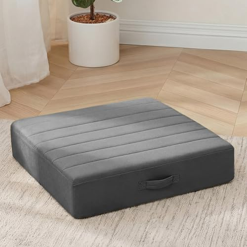 MeMoreCool Square Floor Pillow for Adults and Kids, Large Meditation Cushion with Thick Foam and Washable Tufted Cover, 24-Inch Grey Seat for Sitting and Yoga