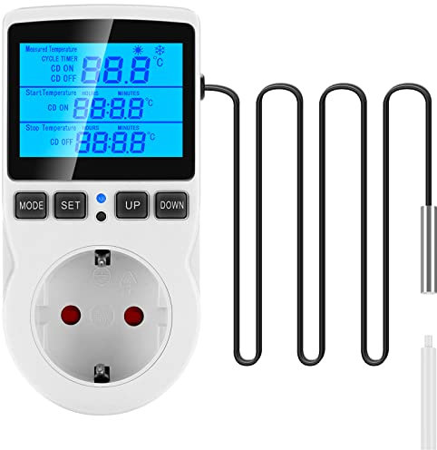 Seamuing Thermostat Steckdose 16A 230V Digitaler Temperaturregler mit Fühler Heizung Kühlung Thermostat Socket Temperaturschalter für Reptilien Aquarien Gewächshaus Kühlschrank Fermentation