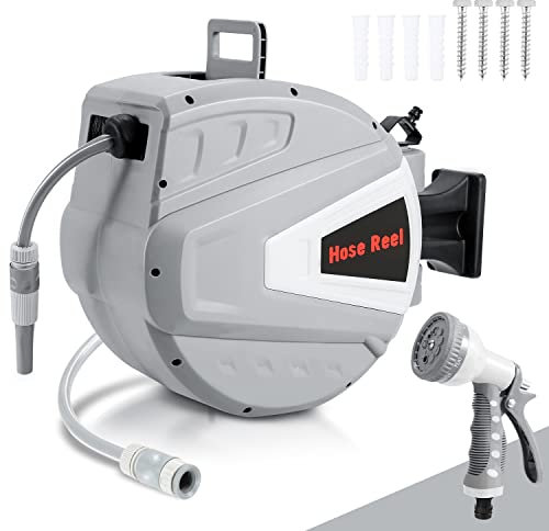 Sonnewelt Schlauchtrommel Schlauchbox, 20+2m Automatik Schlauchaufroller, Wand-Schlauchbox mit Handbrause Gartenschlauch, 180° drehen wasserschlauch trommel Schlauchtrommel-grau