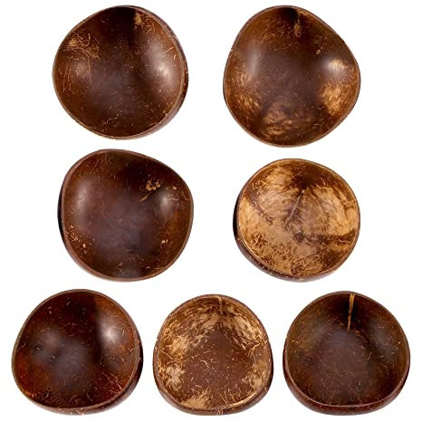 Lobamop 7PCS 12-15Cm Kokosnussschale Handgemachtes Kokosnussschalengeschirr HolzlöFfel Dessert Salat RüHrschüSsel Ramen SchüSsel