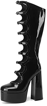 Frankie Hsu Gothic Lolita - Stivali con tacco alto al ginocchio da donna con fibbia di grandi dimensioni, in vernice nera, con piattaforma in vernice nera, nero, 41 EU