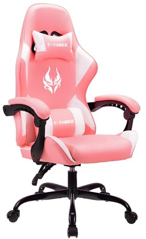 T-THREE.Ergonomic high-back gaming, computer, office, study, swivel, and racing-style chair with adjustable lumbar and headrest support, 150kg weight capacity, ideal for home office(Pink)