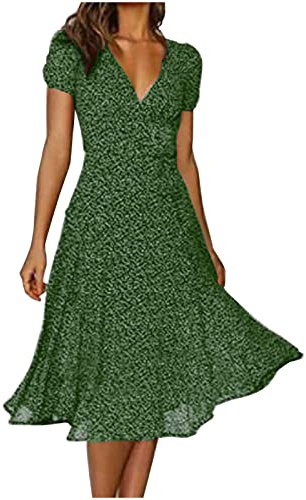 Sommarklänning dam, elegant, blommig klänning, vintage, V-ringad, A-linjeformad klänning, knälång, midiklänning, flickor, ledig kortärmad swing, strandklänning, aftonklänningar, festliga klänningar