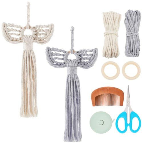 WEBEEDY 2 Sets Makramee-Engel-Verzierungs-Kit Engel-Ornamente Makramee-DIY-Set Handgefertigte Engelsornamente Für Weihnachtsbaumdekoration Handy-Geldbörsen-Charms