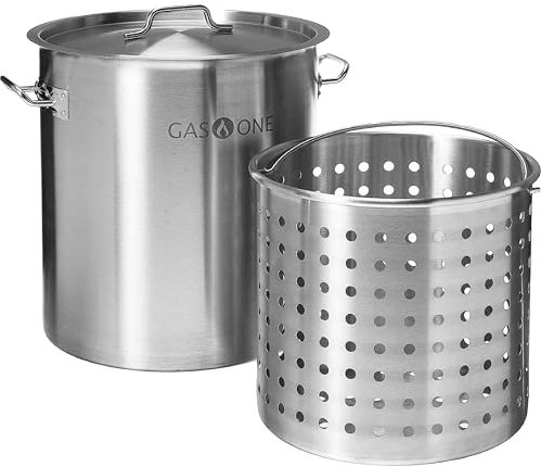 GasOne Stainless Steel Stockpot with Basket – 53qt Stock Pot with Lid and Reinforced Bottom – Heavy-Duty Cooking Pot for Deep Frying, Turkey Frying, Beer Brewing, Soup, Seafood Boil – Satin Finish