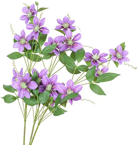 kurriuwu Artificial Flower with Stem Clematis Branch Green Leaves Home Wedding Party Faux Decoration Realistic Fake Flowers for Indoor Outdoor Garden Lifelike Light Purple
