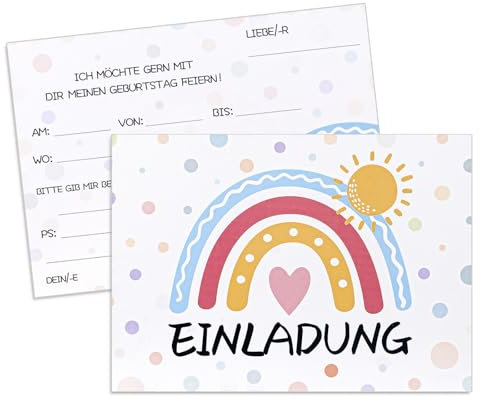 MumdoYAL 12 Stück Einladungskarten Kindergeburtstag | Karten mit Regenbogen- Herzform-Sonne-Motiven | Mädchen & Jungen | geburtstagseinladungen | Größe：150mmx108mm | Papiergewicht ：350g