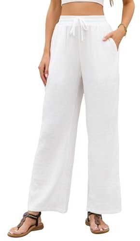 Stamain Femmes Pantalon Blanc Fluide Ample été Palazzo Pantalon Taille Large Extensible Décontractés Pantalon avec Poches 2XL