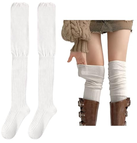 huablo Over Knee High Boot Socks - Slouch Top Over Knee Knit Fashion Thigh Sock for Women - White