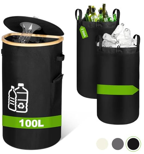 Flaschensammler Leergut Pfandflaschen Sammelbehälter mit Deckel 100L, Behälter Leergut Altglas Aufbewahrung Pfandflaschen Aufbewahrung 2 herausnehmbare Innentasche, Flaschensammler Küche, Schwarz
