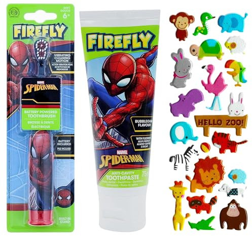 Spiderman Battery Operated Kids Electric Toothbrush (Colour May Vary) Plus Spiderman Bubblegum Toothpaste. A Hadco Bundle with Our Puffy Sticker Sheet. Great Stocking Filler/Xmas Gift