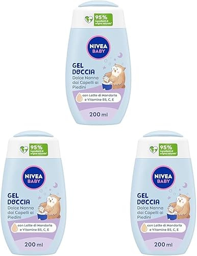 NIVEA BABY Gel Doccia Dolce Nanna dai Capelli ai Piedini 200ml, Bagnoschiuma bambini per corpo e capelli, Bagnoschiuma neonato con protezione no lacrime, Shampoo bambini per conciliare il sonno
