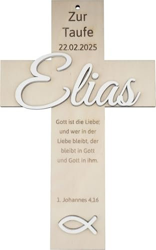 clippondi® Taufkreuz Holz Personalisiert mit Namen & Datum - Geschenk zur Taufe Junge & Mädchen - Handgefertigt aus Pappelholz - Taufgeschenk mit Taufspruch & Symbol - 3D Design (weiß)