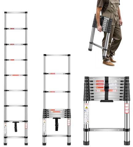 VEVOR Escalera Telescópica Extensible Ligera de Acero Inoxidable, con Retracción de Múltiples Botones, Carga 150 kg y Pies Antideslizantes, 9 Escalones para el Hogar, RV, Loft, 460 x 60 x 2540 mm