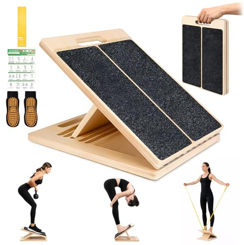Slant Board Calf Stretch Wedge Wooden, Foldable Stretch and Mobility Board with 5-Level Adjustable Height, Handle, Resistance Band, Slip Socks & Training Poster, 300lb Calf Raise Block for Muscles