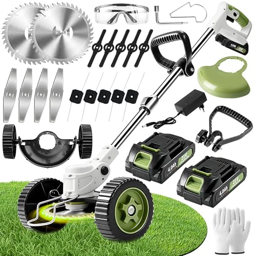 Aimmbiuty Debroussailleuse Electrique sans Fil - Debroussailleuse Batterie avec 2 Batterie 21V et 4 Types de Lames - Coupe Bordure avec Poignée Réglable - Débroussailleuse à Gazon pour Jardin (Beige)