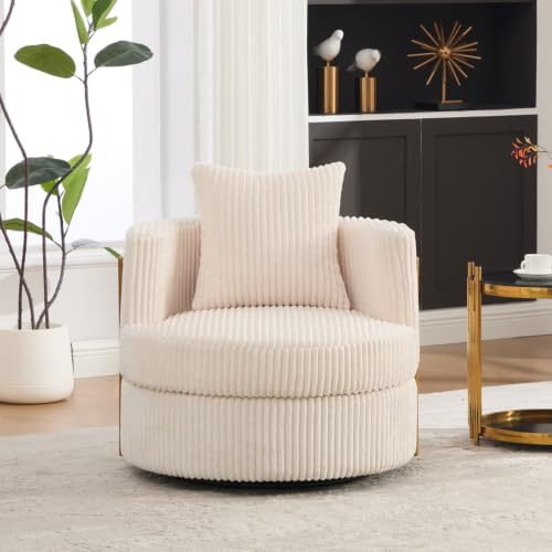 KOMHTOM Fauteuil Pivotant 360° Beige en Velours Côtelé avec Rangement | Mousse Haute Densité Dossier,Cadre Robuste 150 kg,pour Coin Lecture,Salon,79 x 76 x 78 cm