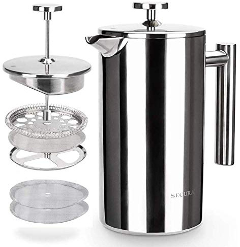 Secura French Press Coffee Maker, 304 Grade Stainless Steel Insulated Coffee Press with 2 Extra Screens, 34oz (1 Litre), Silver